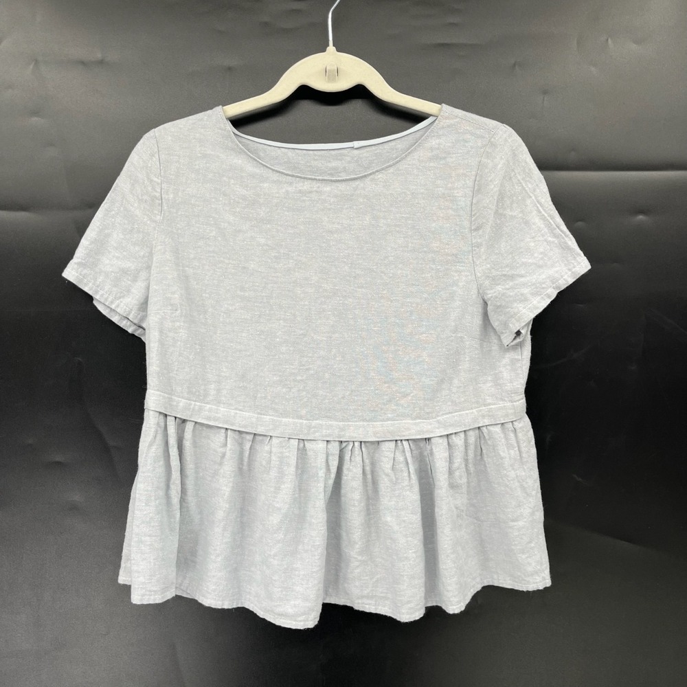 Light blue ruffle bottom linen top minimalist lagenlook boho artsy coastal S M